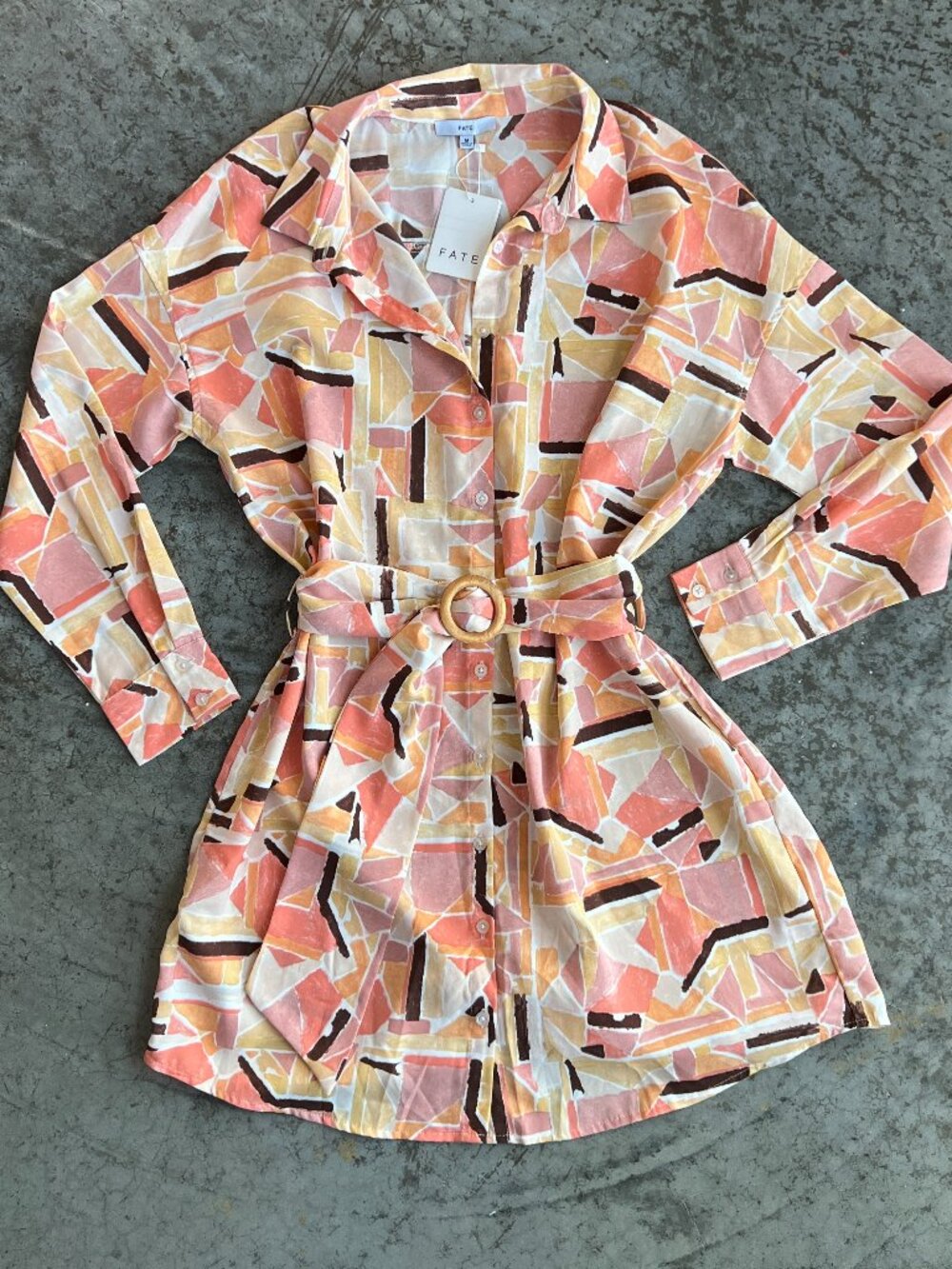 FATE Modern Geo Button Down Belted Mini Dress Peach Blush Geometric Medium NWT